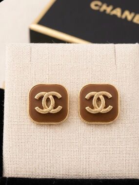 Last pair Gold-Tone and Brown CC Square Earrings